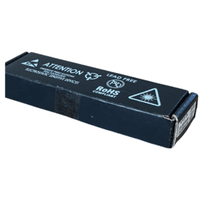 Black electronics packaging with warning symbols.