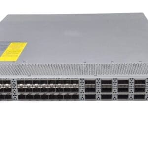 Network switch with numerous ports and connectors.