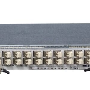 Fiber optic distribution panel with multiple ports.