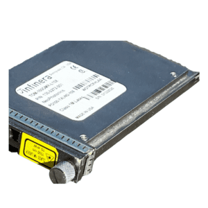Infinera optical module with label and connector.