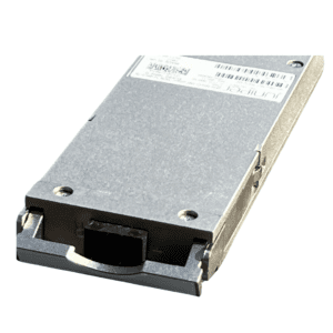 Metallic electronic component with label and connector.