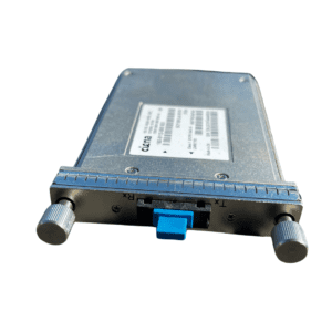 Metallic electronic device with connectors and labels.