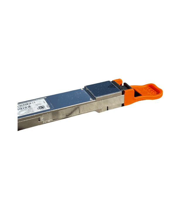 Optical transceiver module with orange handle.