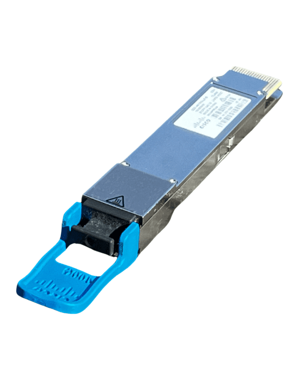 Blue and silver optical transceiver module.