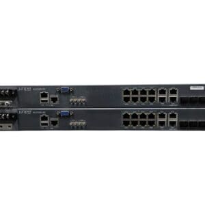 Dual Juniper network switches front view.