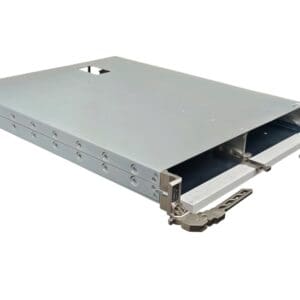 Metal server rack mount tray, open view.