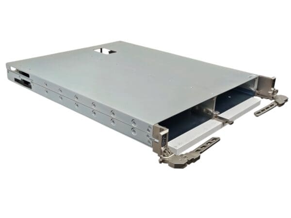 Metal server rack mount tray, open view.