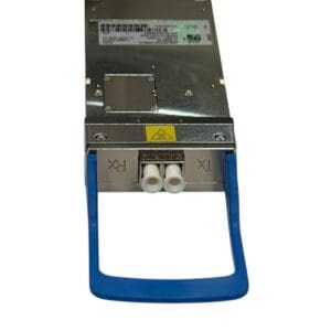 Optical transceiver module with blue handle.