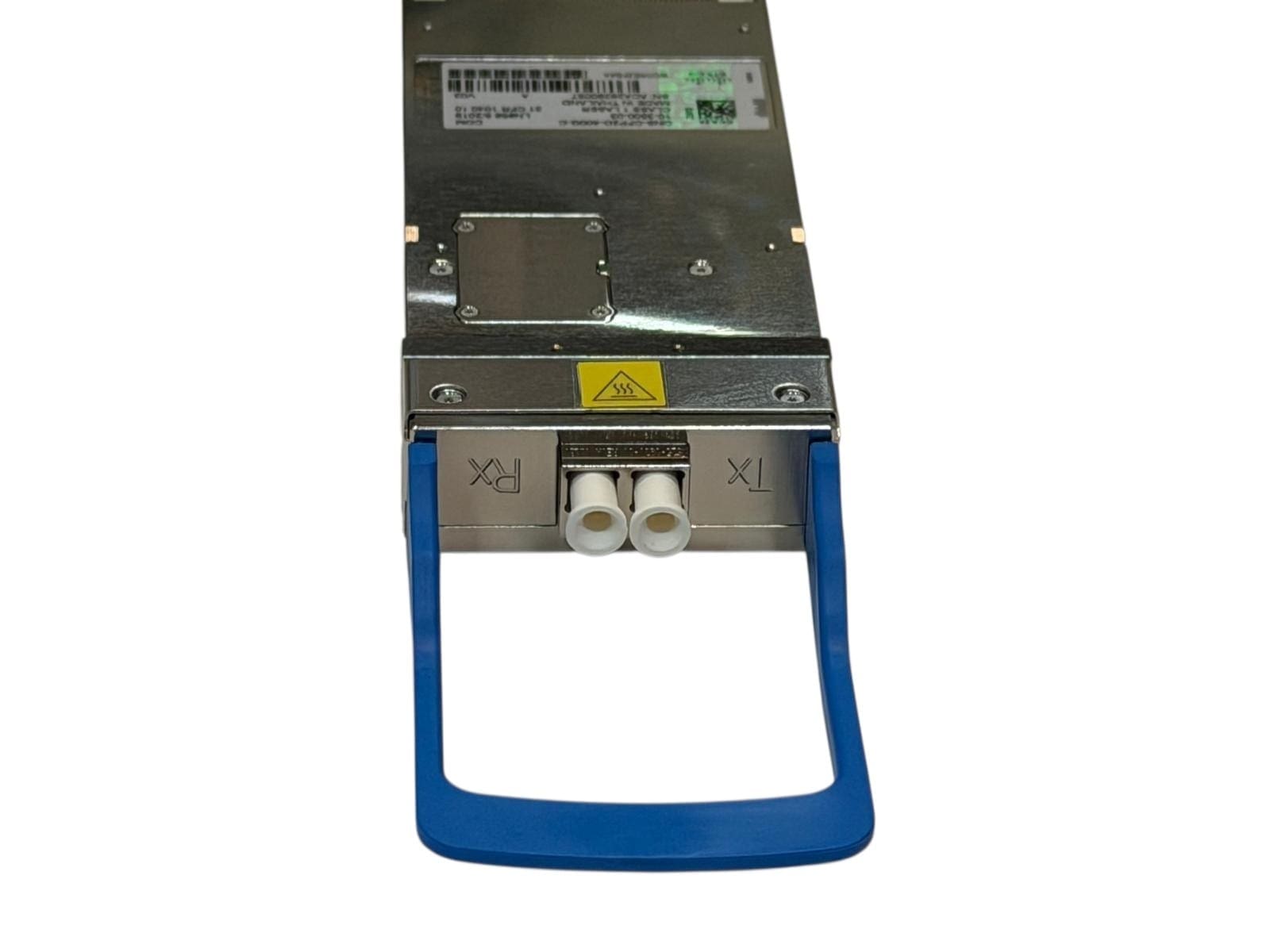 Optical transceiver module with blue handle.